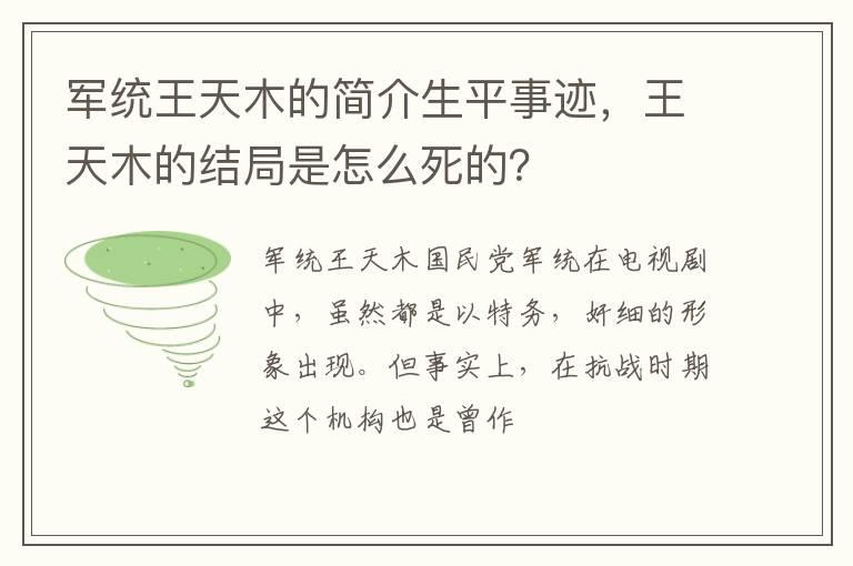 军统王天木的简介生平事迹，王天木的结局是怎么死的？